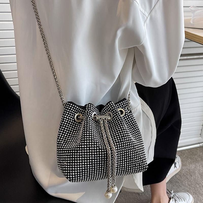 Fashion Women Drawstring Rhinestones Shoulder Bag Luxury Bucket Crossbody Bag