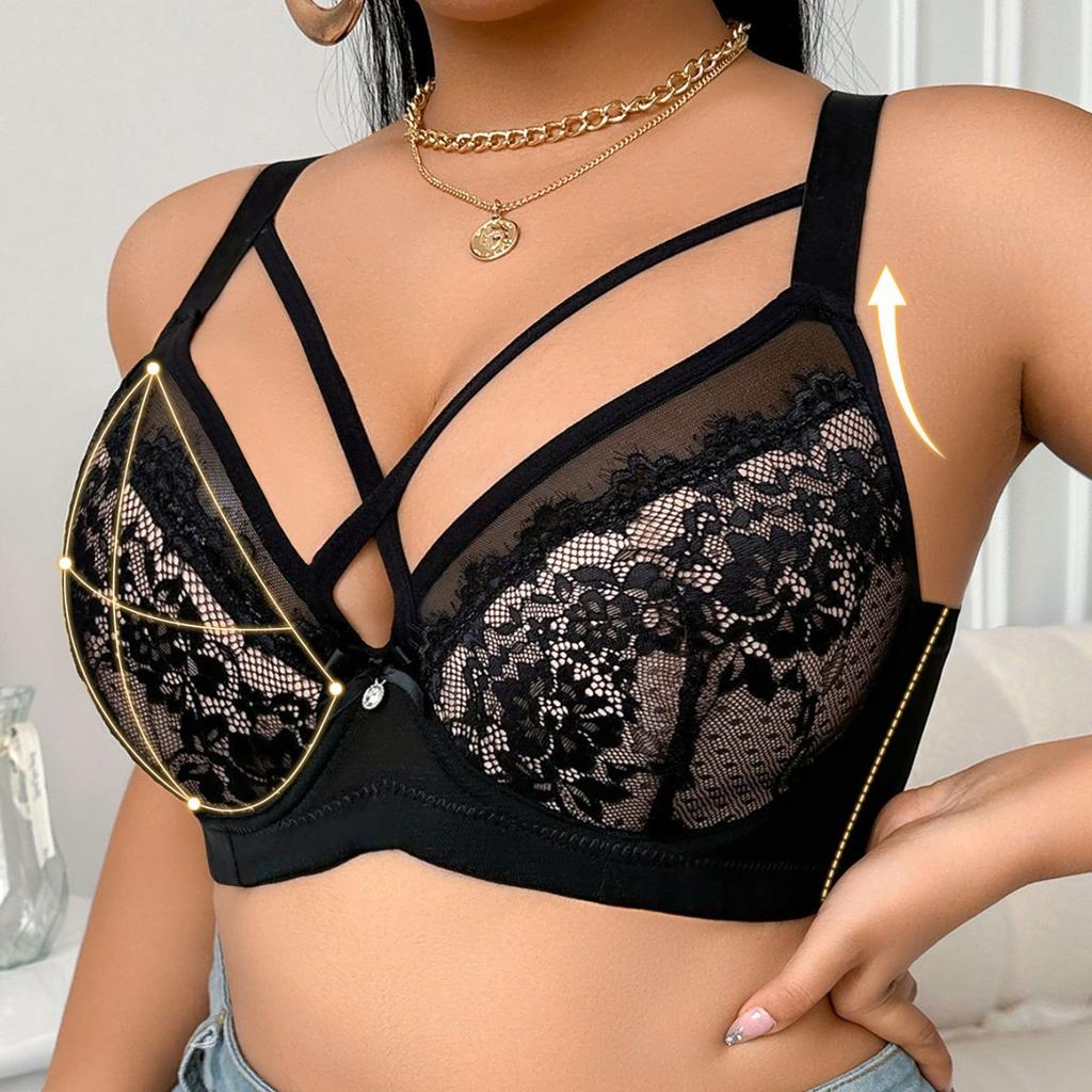 Women's Sexy Front Cross Tie Gathered Underwire Bra Patterned Lace Embroidery Underwear