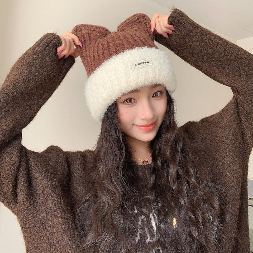 56cm to 58cm Cat Ear Beanie Polyester Winter Beanie Hat Plush KnittedHat Cold Weather Wear