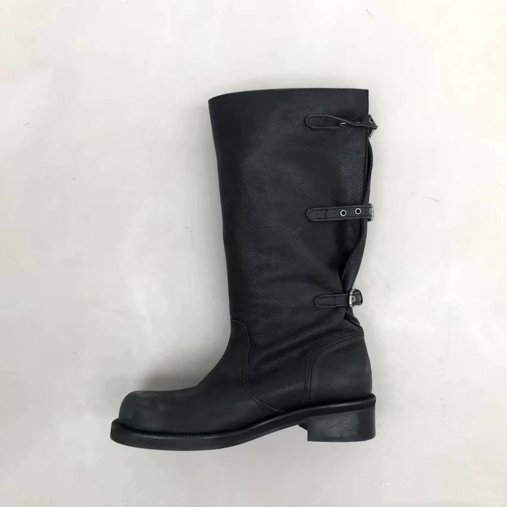 Cowhide Version Korean Version Thick Heel Pleated High Boots Women's New Folded Three-wear Outdoor Locomotive Boots Knight Boots Long Boots