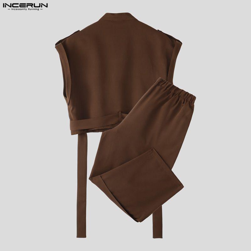 INCERUN Two Pieces Sets Men Zip-up Sleeveless Cropped Waistcoat and Long Cargo Pants Outfits