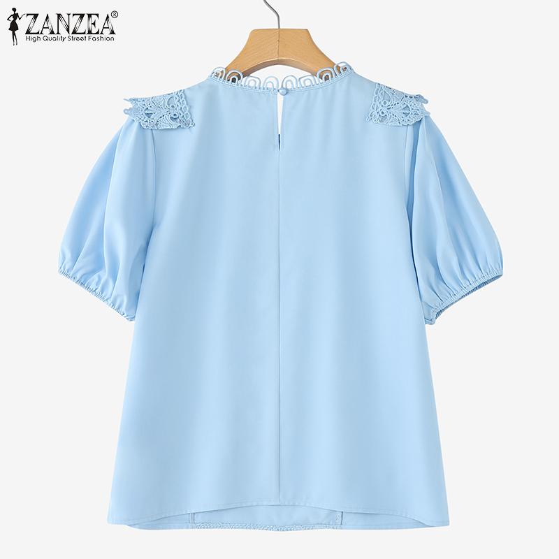 ZANZEA Женская повседневная блузка с круглым вырезом, коротким рукавом, свободного кроя, с лоскутным узором, связанным крючком