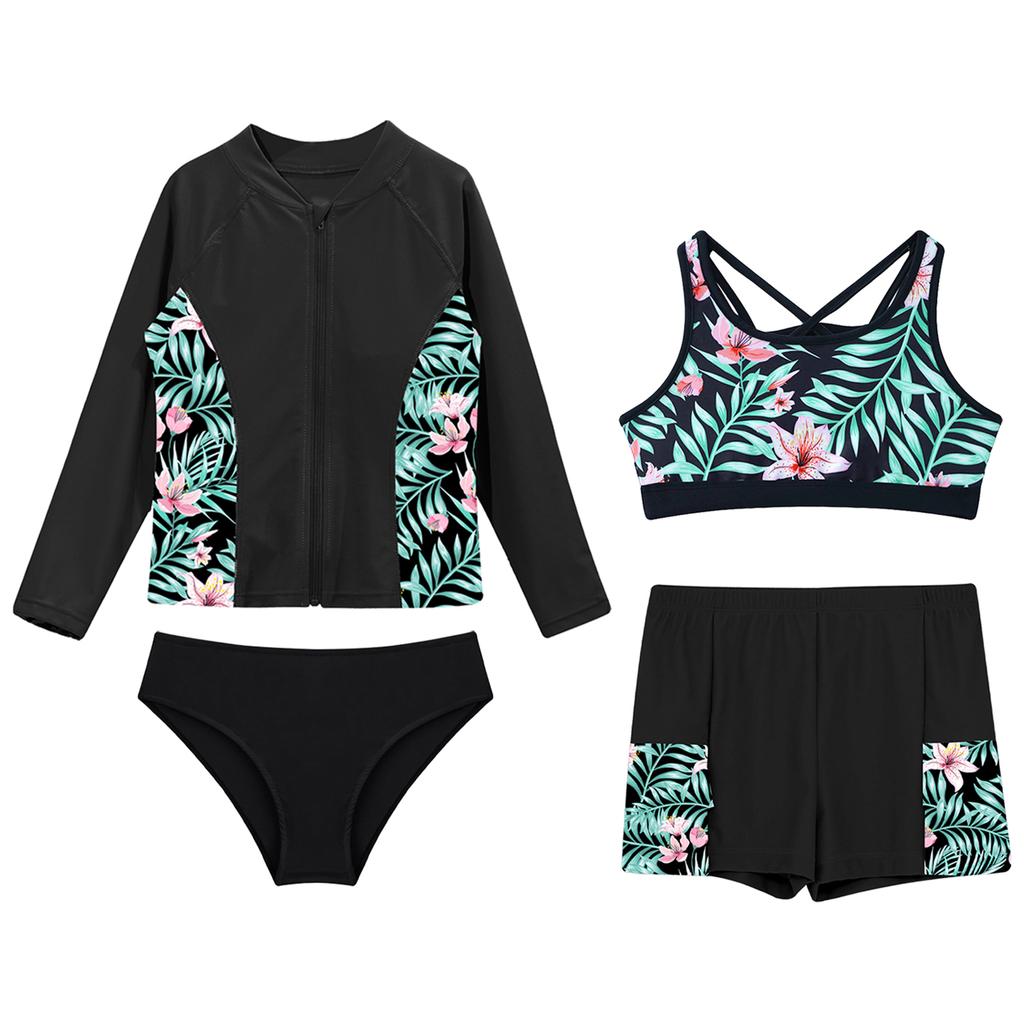 Комплект для плавания для девочек из 4 предметов: Топ на молнии с длинным рукавом, Майка, Плавки, Шорты с оборками, Защита от солнца