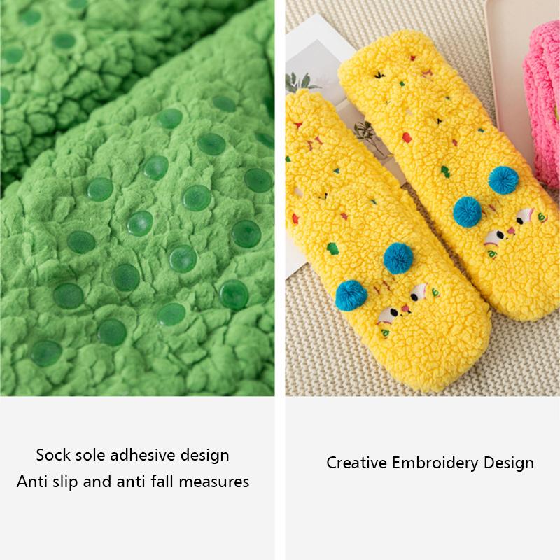 1 пара чулок до бедра, нескользящий материал шерпа, один размер, одежда для дома, забавный вышитый дизайн, толстые напольные носки, тепло, многоцветные