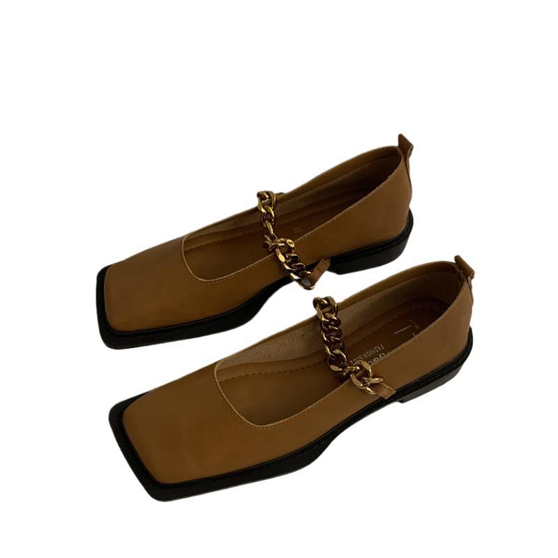 Ретро-лоферы с металлической цепочкой и квадратной головкой, женские, 2025, новые британские универсальные туфли Мэри Джейн, маленькие кожаные туфли для женщин