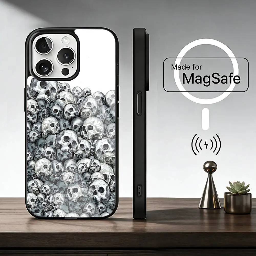 Skull Phone Case For iPhone17,16,15,14,13,12,11 Plus,Pro Magnetic with Magsafe Wireless Charging