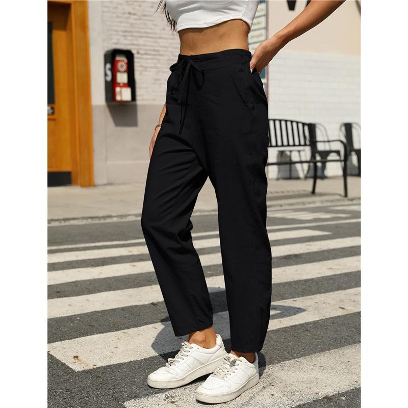 Casual Cotton Linen Drawstring Trousers For Women Comfortable Elastic Waist Long Pants Fashionable Lightweight Ladies Bottoms