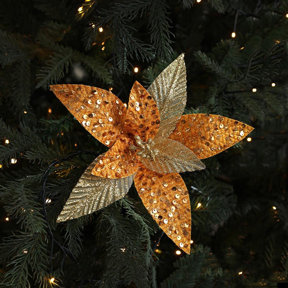 25cm Christmas Artificial Flowers Sequin Mesh Handmade Poinsettia Flower Realistic Decorative Simulation Glitter Flower