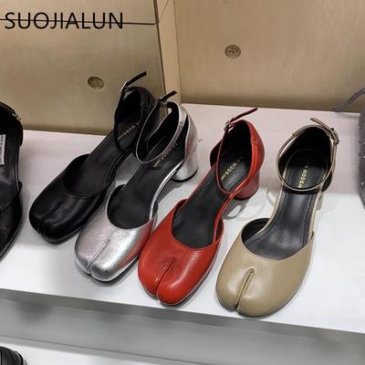 Модные женские сандалии SUOJIALUN 2025 Нового бренда Модные сандалии с ремешком на щиколотке и разделенным пальцем Элегантные женские туфли-слингбэки на высоком круглом каблуке