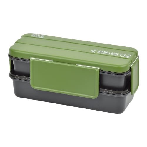 Pearl Metal Men's 2-Tier Bento Box with 4-Point Lock, Khaki Green, Made in Japan, Home Label D-438