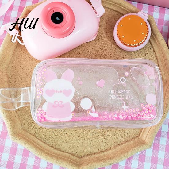 Cute Cartoon Pencil Case Shiny Transparent PVC Makeup Bag Waterproof Travel Cosmetic Wide Edge Storage Pouch Glitter Sequin for Pens Brushes Quicksand