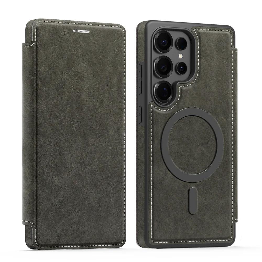 For MagSafe RFID Blocking Flip Leather Phone Case Samsung Galaxy S25 Edge S24 S23 Ultra S22 Plus Wallet with Card Holder Cover