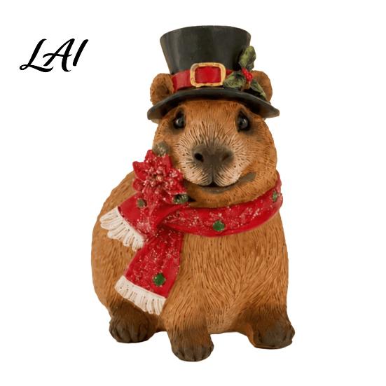 Cute Resin Animal Ornament Christmas Capybara Figurine with Hat And Scarf Tree Accessory Statue Cartoon Sculpture for Home Holiday Party Tabletop