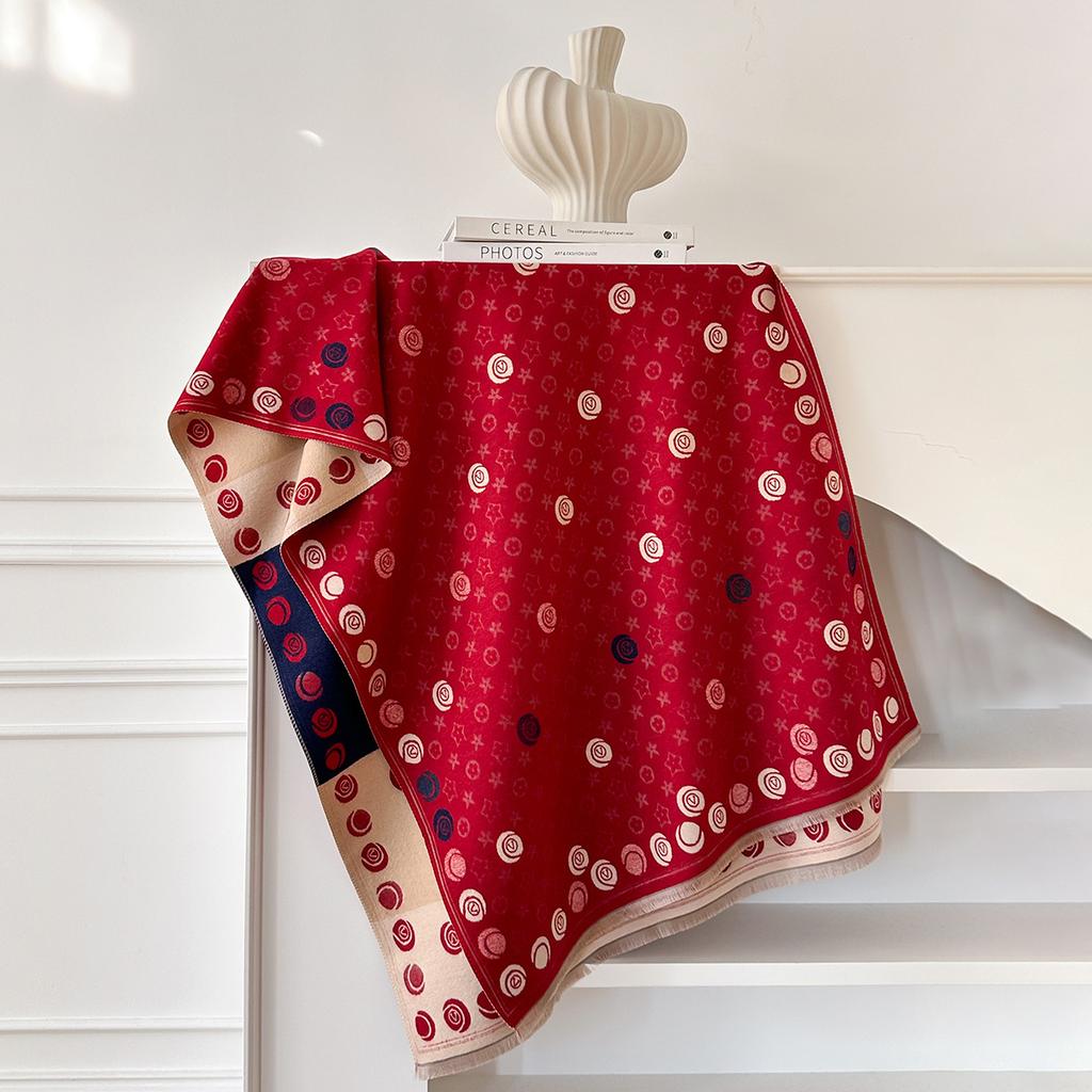 Scarf L Rhombus Camellia Women'S Autumn And Winter Thickened Imitation Cashmere Printed Shawl Versatile Warm