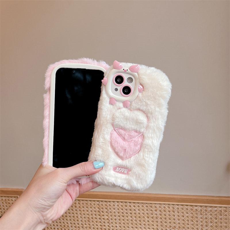 Осенне-зимний плюшевый чехол для объектива с рисунком свиньи в оправе для телефона iPhone 15 14 13 12 11 Pro Max, универсальный защитный чехол от падения
