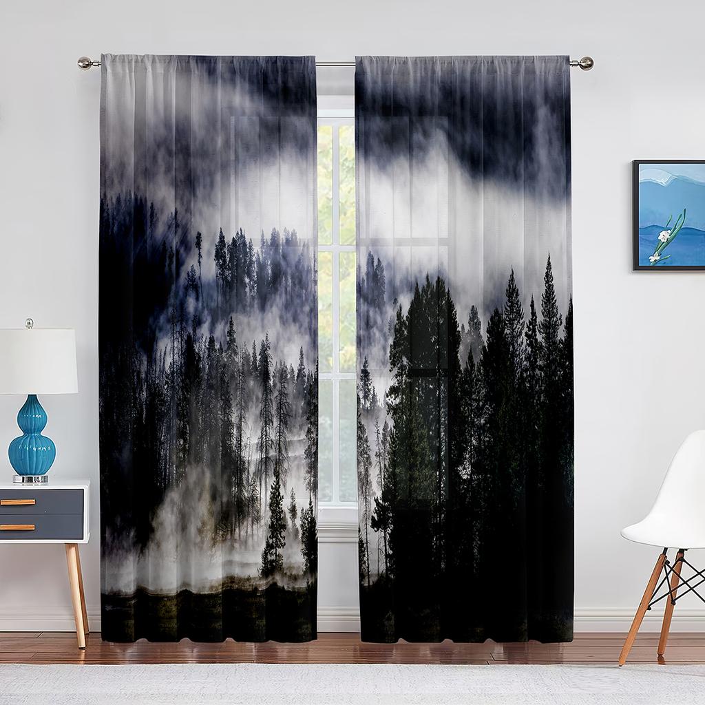 Туманный лес, прозрачная вуаль, туманная живописная зеленая природа, пейзаж, окно, тюлевые шторы для спальни, гостиной, кухни, декор