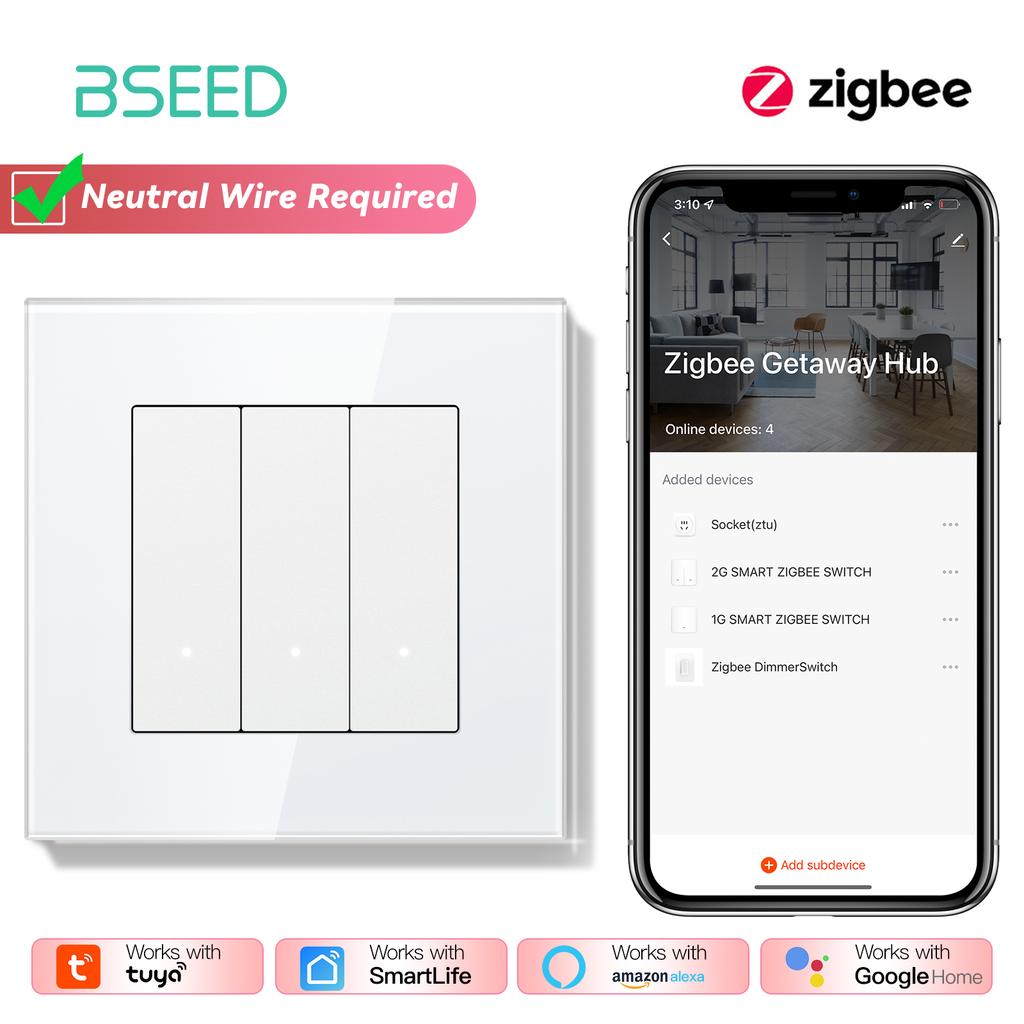 BSEED ZigBee Выключатели Настенные Умные Щелчковые Выключатели Света Желтая Подсветка Стеклянная Рамка Приложение Tuya Выключатель EU Настенные Розетки с USB