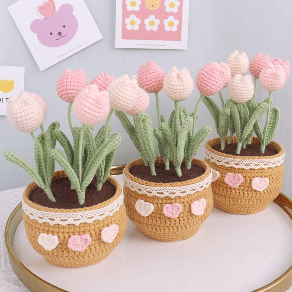Вязаный крючком тюльпан с маргариткой, комплект из шерстяной пряжи ручной работы, цветок в горшке с тюльпаном для женщин