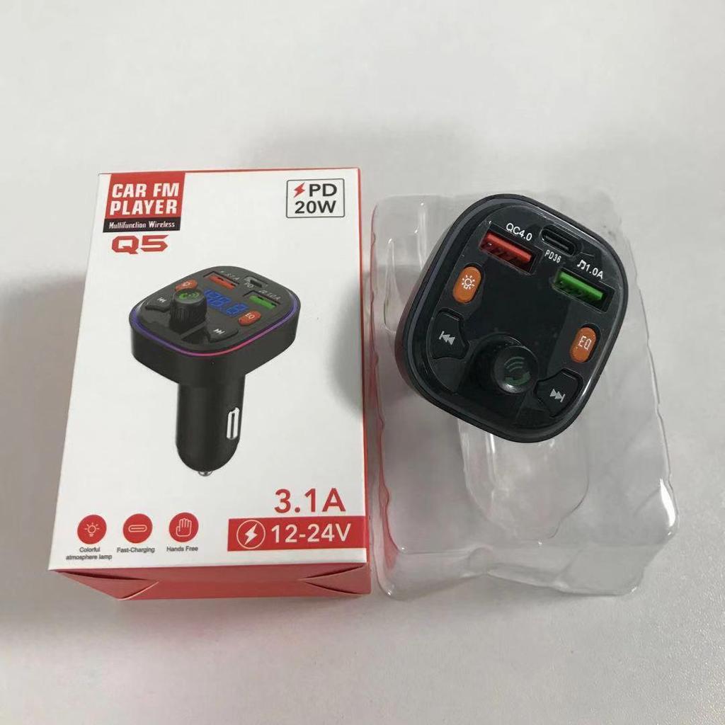 Q5 Car Bluetooth Charger with Dual Ports, FM Modulation, Blue Ambient Light, MP3 Player, and Fast Charging