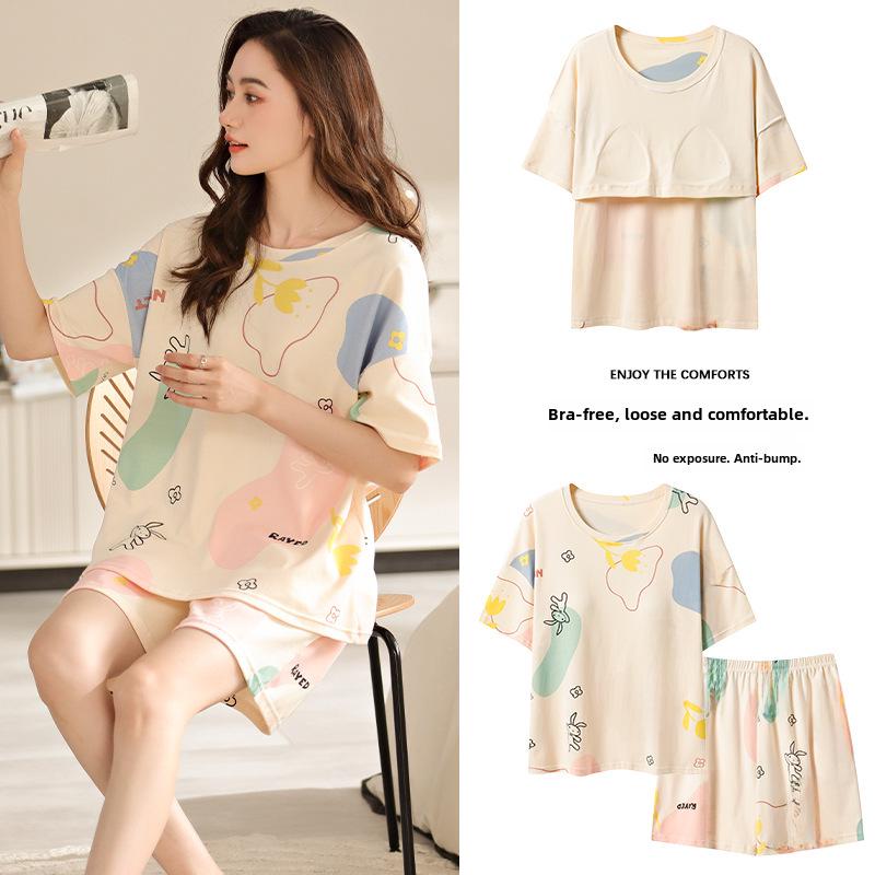 Женская летняя пижама 2023 года с короткими рукавами и нагрудными подушечками — легкий хлопковый комплект домашней одежды с антивыпуклыми точками для комфортного сна.