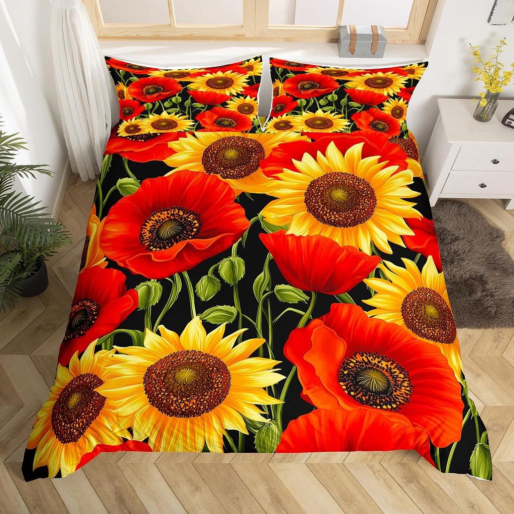 Comforter Yellow Sunflower Queen Blossom Flowers Bedding Set Butterfly Floral Print Comforter Nature Theme Bedroom Decor