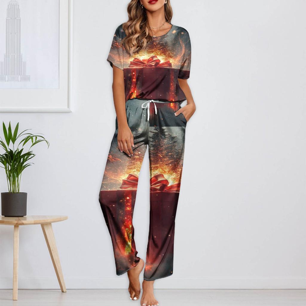 Женский шелковый атласный пижамный комплект с рождественским принтом, рубашка с коротким рукавом и длинные пижамные штаны, мягкая домашняя одежда
