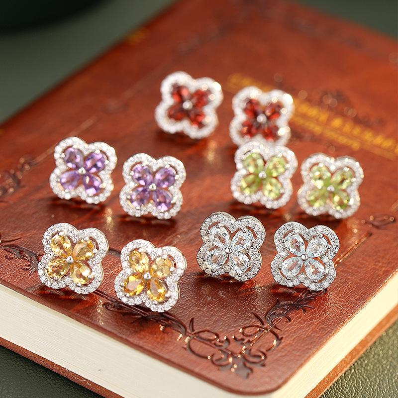 Серьги-гвоздики из стерлингового серебра S925 с четырехлистником, натуральный аметист, топаз, серьги с утонченным дизайном, минималистичная роскошь