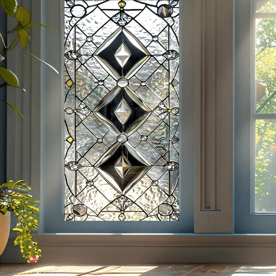 Geometric Window Film Rhombus Pattern Privacy Film Stained Glass Art Static Cling Sun Blocking Decal for Home Office Windows Glass Doors