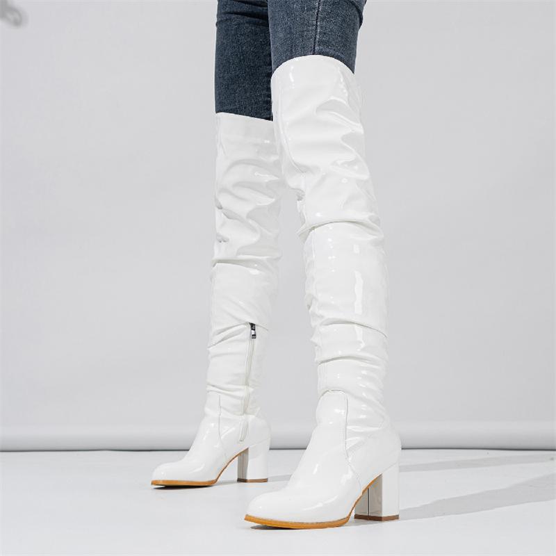 Eilyken Winter Patent Leather Women Over-the-knee Boots Fashion Nightclub Round Toe Zip Booties Square High Heels Ladies Shoes