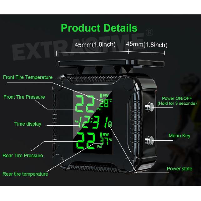 Extractme Tire Pressure Monitoring System Colorful Display Wireless TPMS Motorcycle Solar Charge Tyre Temperature Alarm Sensor
