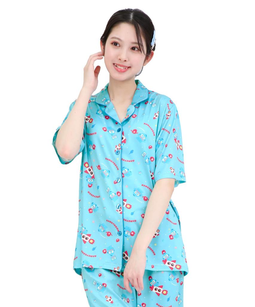 SAZAC Cosmic Hangyodon Shirt Powder Stretch Short Sleeve and Long Pants Loungewear Pajamas, Fabric, Women's Set, (Blue/L/SAN1953)