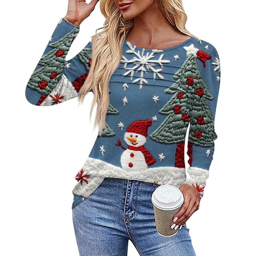 Женская повседневная модная футболка с круглым вырезом и длинными складками на Рождество