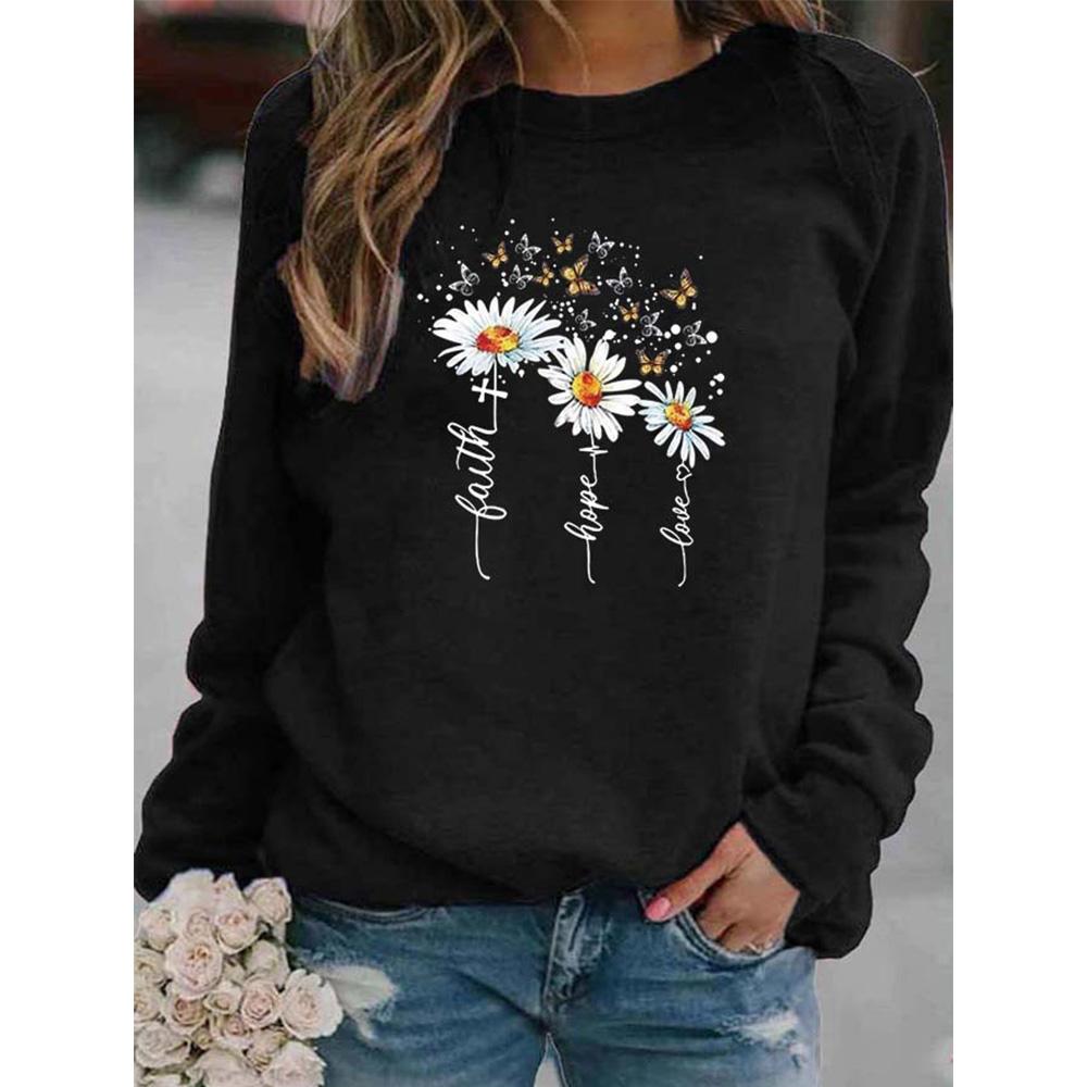 Зимние женские топы с принтом ромашки, женская Повседневная толстовка с круглым вырезом и длинными рукавами, блузка больших размеров