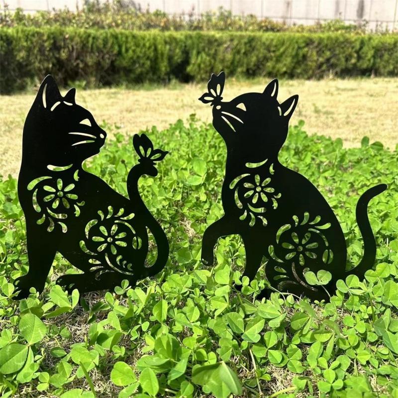 1/2Pcs Metal Cat Garden Decors Black Cat Silhouettes Outdoor Cat Stakes for Outdoor Animal Sculpture Decorations
