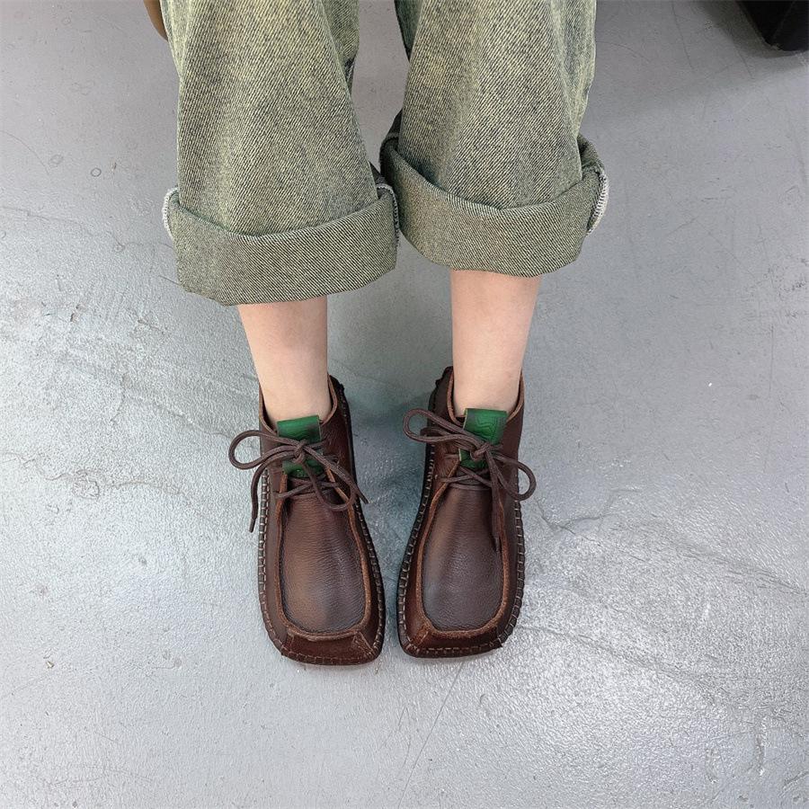 Johnature Короткие сапоги с квадратным носком, универсальные женские туфли на плоской подошве из натуральной кожи на шнуровке в стиле ретро в стиле ретро