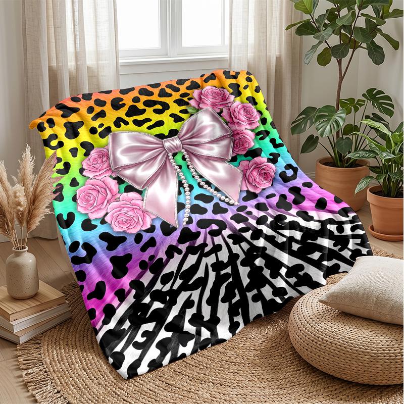 Rainbow Leopard Roses Bow Theme blanket Lightweight Warm Flannel Blanket Decorative Throw Blanket for Home Decoration