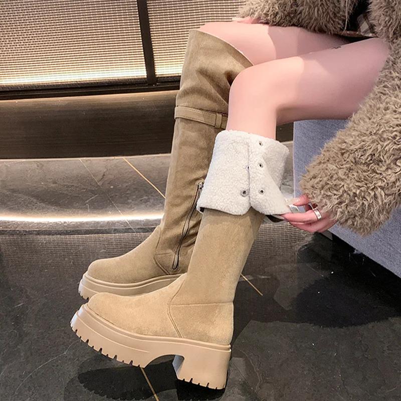 Меховые высокие сапоги на толстой платформе женские замшевые дизайнерские высокие туфли 2025 года, тренд зимы, новые модные туфли-лодочки до колена в готическом стиле Botas De Mujer