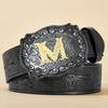 New Men's Belt Western Cowboy PU Leather Belt - Men Waist Strap Bull Decoration Floral Engraved for Jeans