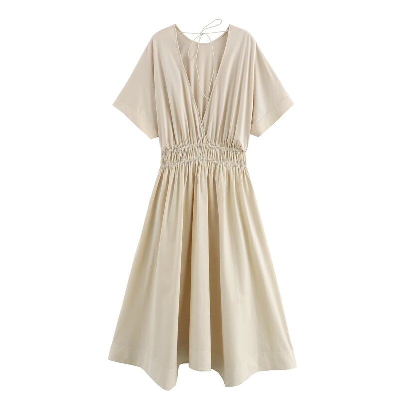 Fashion Style 2024 Summer New Female Excellent Elegant Tight Waist Pleated Short Sleeve Backless Dress 06618931711