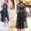 Lady Mesh Embroidery Floral Sexy Dresses Women Elegant Party Dress Transparent O Neck Plus Size