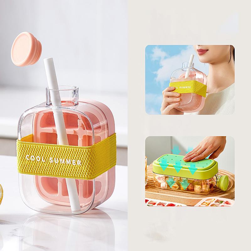 Летний поднос для кубиков льда с соломинкой 2 в 1 поднос для льда и бутылка для воды для льдогенератора без касания силиконовый кубик льда портативный чайник