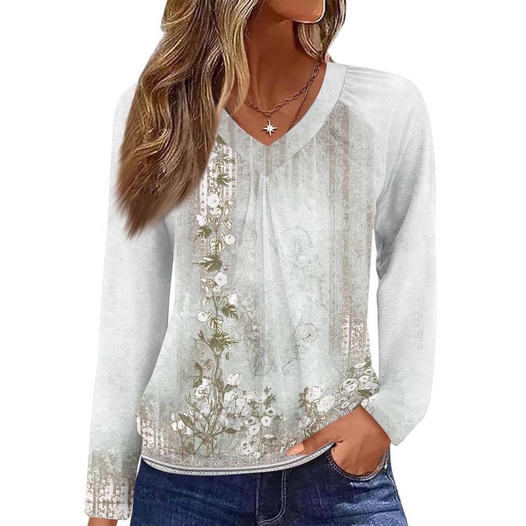 Женский повседневный модный топ с V-образным вырезом, регланом, плиссировкой, ретро-принтом и длинным рукавом