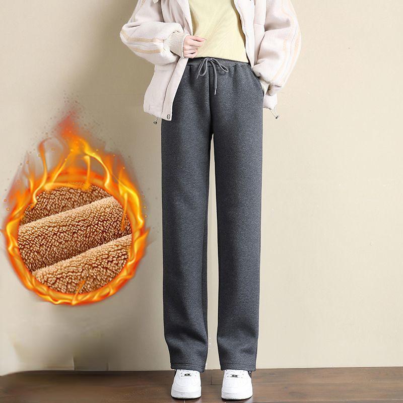 Осенне-зимние теплые брюки из ягненка, женские повседневные свободные широкие утепленные брюки, женские уличные прямые флисовые брюки