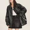 Женская куртка из искусственной кожи с длинными рукавами и отложным воротником, свободная посадка, карман на молнии, сплошной цвет, винтажное женское пальто большого размера в американском стиле