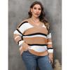 Women's Plus Size Pullover Fall New V Neck Color Patchwork Fashion Sweater