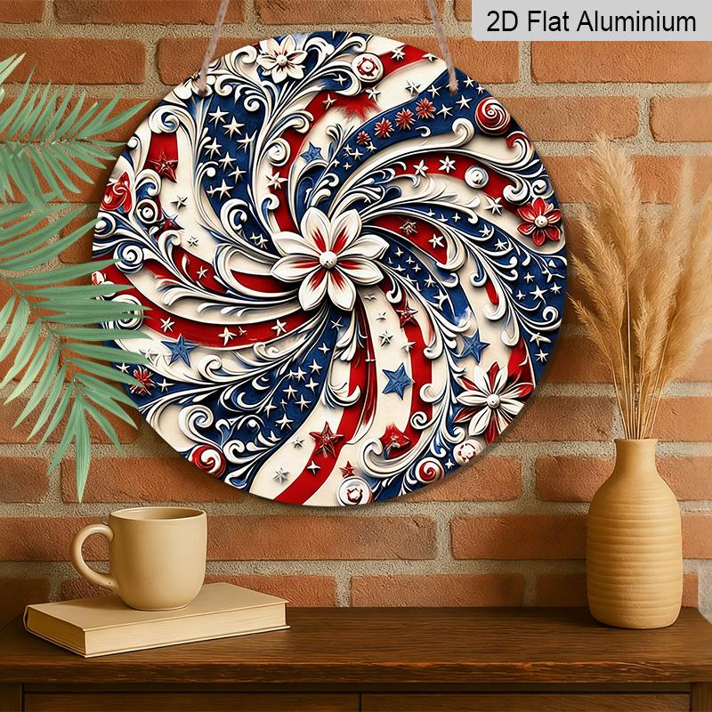 2D Flat 1pc Aluminum Independence Day-Themed Rotating Flower Wall Decor 7.87 inches x 7.87 inches Patriotic Decor Suitable for hanging on front