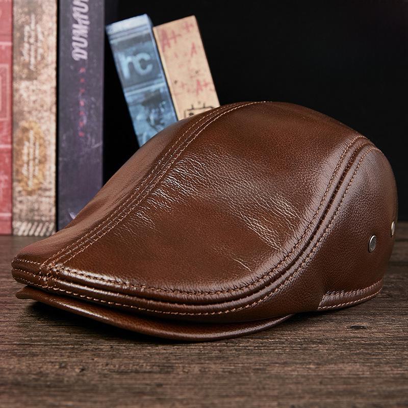 Men's Genuine Leather Duckbill Hat – Stylish, Warm, Thickened Cowhide Beret for Middle-Aged and Elderly (Autumn/Winter)