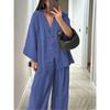 Women's Fashion Casual Suit V-neck One Button Loose Long Sleeved Top, High Waisted Trousers Two-piece Set