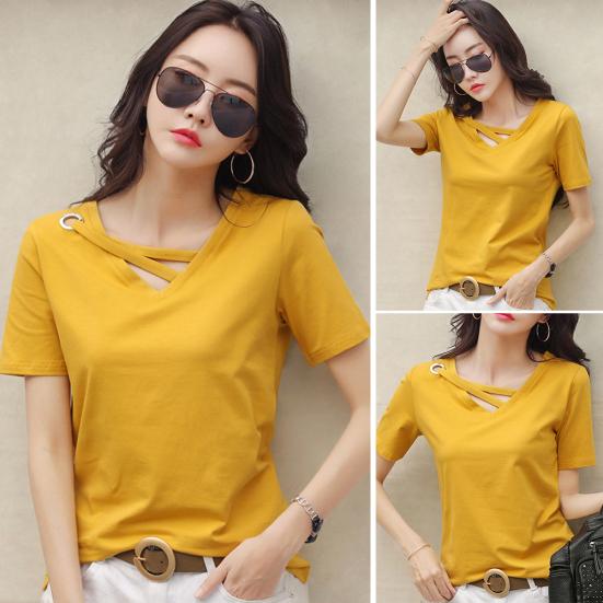 Женская однотонная футболка с V-образным вырезом и коротким рукавом, свободная летняя повседневная блузка, футболка