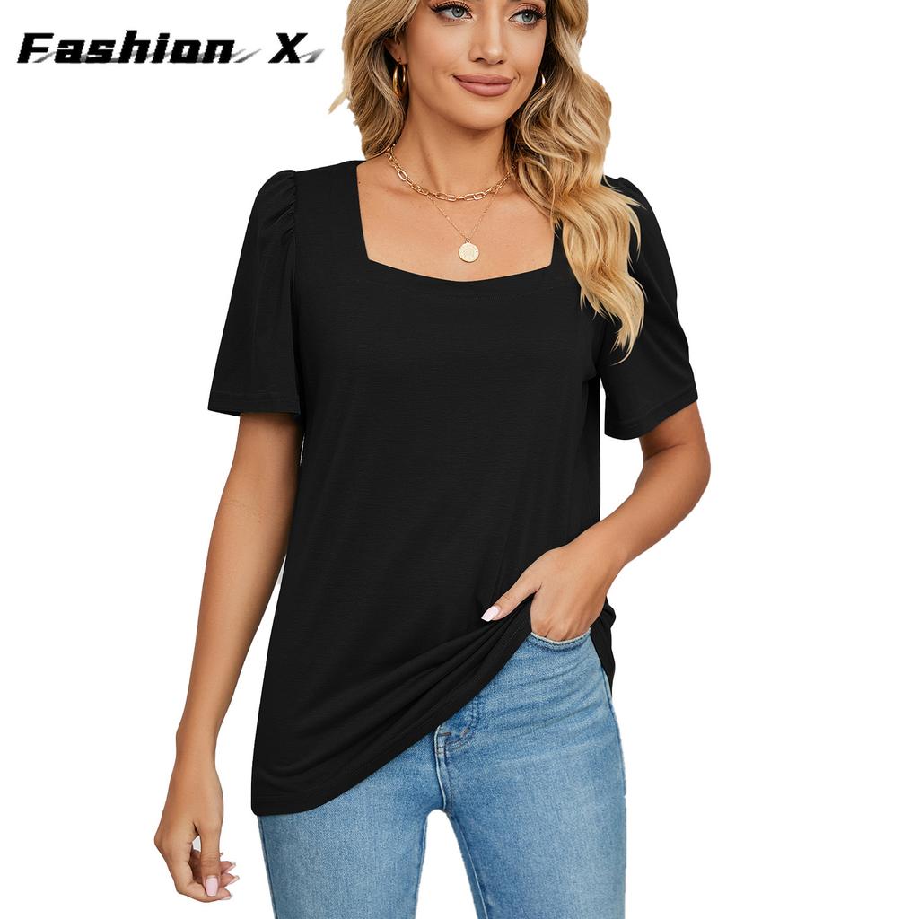 Весенне-летняя новая однотонная свободная футболка с квадратным вырезом и короткими рукавами, вязаные топы женские